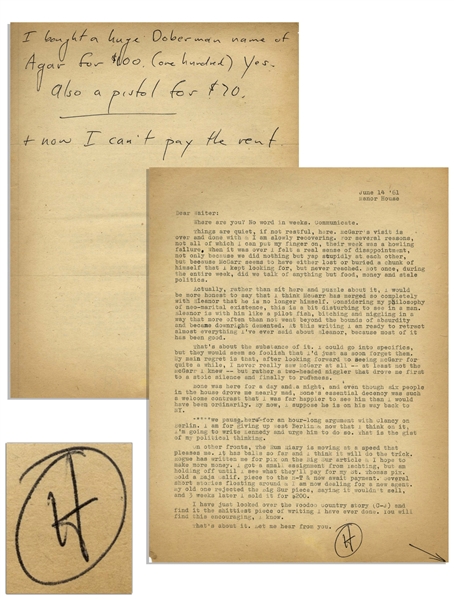 Hunter S. Thompson Letter Signed, With Autograph Note -- ''...bought a huge Doberman name of Agar for $100...Also a pistol for $70 & now I can't pay the rent...''